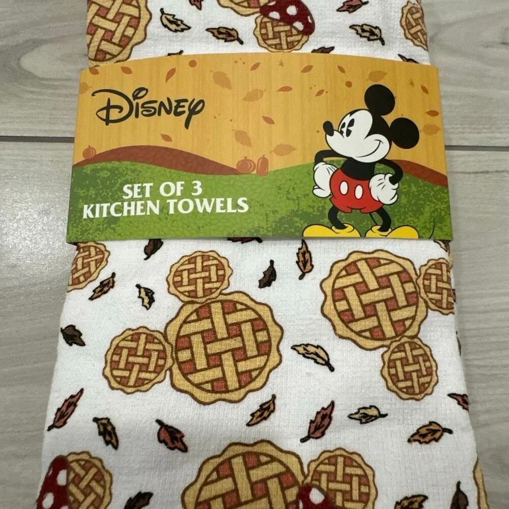 New Disney Mickey & Minnie Mouse Holiday‎ Fall Apple Pie Set Of 3 Hand Towels - Picture 2 of 6